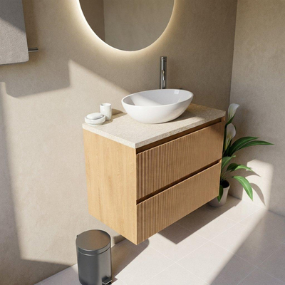 Saniclass Holz Atelier Ensemble de meubles de salle de bains - 80x45x63cm - plan de travail en pierre naturelle travertin - 1 trou de robinetterie - 2 tiroirs - chêne natural mat (bois)