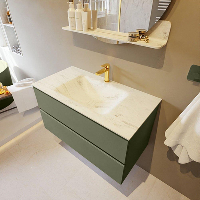 Mondiaz VICA-DLUX Ensemble de meuble de salle de bain - 90cm - meuble sous-vasque armée - 2 tiroirs - lavabo encastré nuage milieu - 1 trou de robinet - version haute de 60cm - opalo