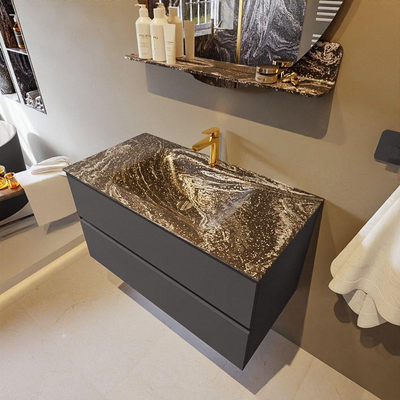 Mondiaz VICA-DLUX ensemble de meuble de salle de bain - 90cm - meuble sous-vasque gris foncé - 2 tiroirs - lavabo encastré cloud milieu - 1 trou de robinet - miroir modèle spot - version XL 60cm haut - lave