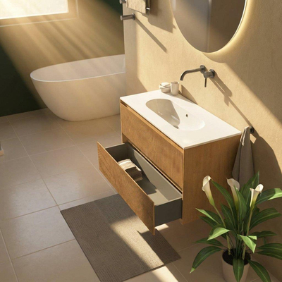 Saniclass Holz Atelier Ensemble de meubles de salle de bains - 100x45x73.9cm - lavabo Chaci en céramique blanc - 1 vasque - sans trou de robinetterie - 2 tiroirs - chêne natural mat (bois)