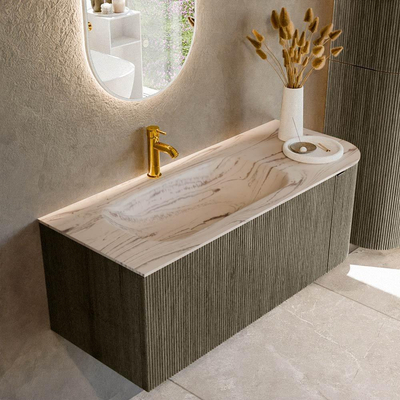 MONDIAZ KURVE-DLUX Meuble de salle de bains 115cm arrondi à droite couleur Shadow avec 1 tiroir et 1 porte. Lavabo BIG SMALL à gauche 1 trou de robinet Nata.