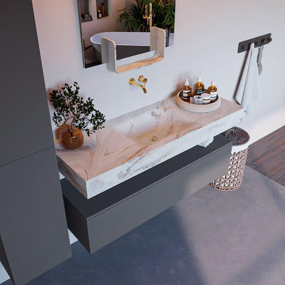 Mondiaz ALAN-DLUX Ensemble de meuble - 130cm - meuble Plata mat - 1 tiroir - Lavabo Cloud Frappe suspendu - vasque Centre - 0 trous de robinet