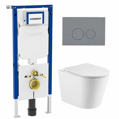 QeramiQ Dely Toiletset - 36.3x51.7cm - diepspoel - rimless - Geberit UP720 inbouwreservoir - softclose toiletzitting - bedieningsplaat licht grijs - ronde knoppen - met Burda frame - mat wit
