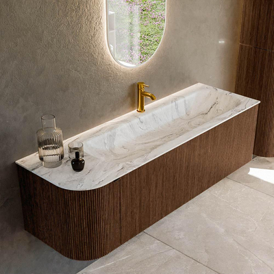 MONDIAZ KURVE-DLUX meuble de salle de bains 145 cm avec module 25 L couleur Walnut avec 1 tiroir et 1 porte. Lavabo BIG LARGE à droite 1 trou de robinet couleur Glace.