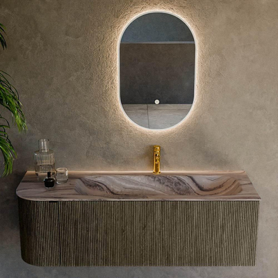 MONDIAZ KURVE-DLUX 135cm badmeubel ronding Links kleur Shadow met 1 lade en 1 deur. Wastafel BIG MEDIUM Rechts 1 kraangat Sombra.