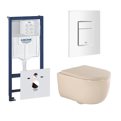 QeramiQ Dely Swirl Ensemble WC - 36.5x53cm - réservoir encastré Grohe Rapid - abattant 35mm - plaque de commande blanche - boutons rectangulaires - beige