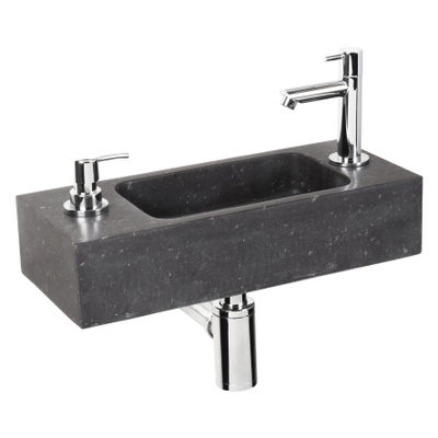 Differnz Sapon fonteinset - 42x18.5x9cm - Rechthoek - 1 kraangat - Met sifon fontein en afvoerplug - Natuursteen Zwart - licht beschadigd - OUTLET UDEN