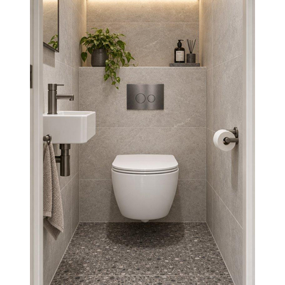 QeramiQ Dely Swirl Compact Toiletset - inbouwreservoir QeramiQ flush - slim zitting - metalen bedieningsplaat gunmetal - ronde knoppen - glans wit