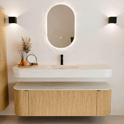 MONDIAZ THOR-DLUX 150cm badmeubel ronding links + rechts kleur Oak met 1 lade en 2 deuren. Vrijhangende wastafel CLOUD Midden 1 kraangat kleur Meli.