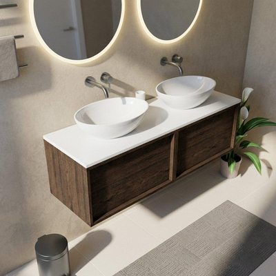 Saniclass Holz Frame Ensemble de meubles de salle de bains - 140x45x42.5cm - plan Torino en solid surface blanc - sans trou de robinetterie - 2 tiroirs - chêne charcoal mat (bois)