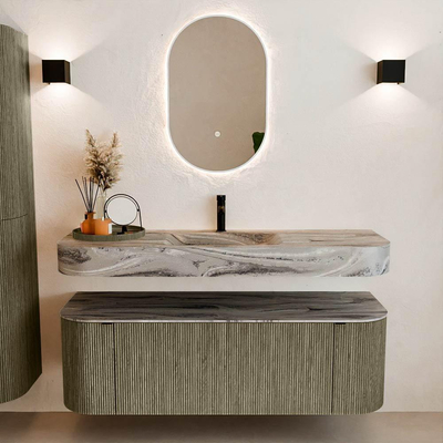 MONDIAZ THOR-DLUX 140cm meuble de salle de bains arrondi gauche + droite couleur Shadow avec 1 tiroir et 2 portes. Vasque suspendue CLOUD Milieu 1 trou de robinet couleur Sombra.