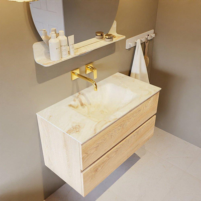 Mondiaz VICA-DLUX Ensemble de meuble de salle de bain - 90cm - meuble sous-vasque chêne blanchi - 2 tiroirs - lavabo encastré nuage milieu - sans trous de robinet - version haute 60cm - frape