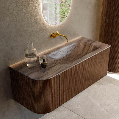 MONDIAZ KURVE-DLUX 115cm badmeubel ronding Links kleur Walnut met 1 lade en 1 deur. Wastafel BIG SMALL Rechts zonder kraangat Oza.