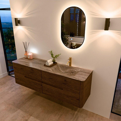 Mondiaz CIRO-DLUX Badkamermeubelset - 160x45x50cm - Solid surface wastafel Oza - 1 wasbak Rechts - 1 kraangat - 4 lades - Dusk