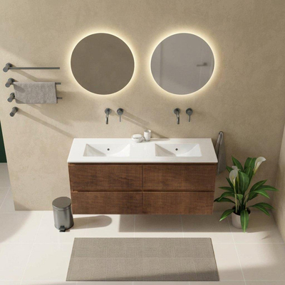 Saniclass Holz Atelier Ensemble meuble de salle de bains - 140x45x62cm - lavabo Vygo en céramique blanc - 2 vasques - sans trous de robinet - 4 tiroirs - brillant walnut pure (bois)