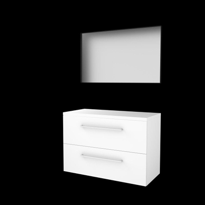 Basic-Line Framed 46 badkamermeubelset - 100x46cm - met grepen - 2 lades - wastafelblad - Spiegel - mat zwart aluminium frame - rondom - MDF lak Ice White