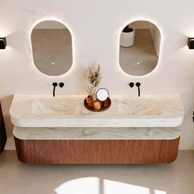 MONDIAZ THOR-DLUX 200cm meuble de salle de bains arrondi gauche + droite couleur Ruby avec 2 tiroirs et 2 portes. Vasque suspendue CLOUD Double sans trou de robinet couleur Ostra.