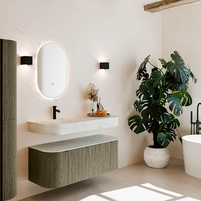 MONDIAZ THOR-DLUX 120cm meuble de salle de bains arrondi gauche + droite couleur Shadow avec 1 tiroir et 2 portes. Vasque suspendue CLOUD Gauche 1 trou de robinet couleur Opalo.