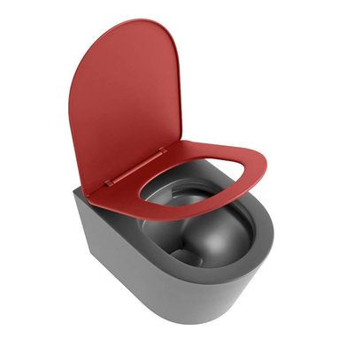 Mondiaz LAVIE hangtoilet – spoelrandloos – 36 x 53 cm – met softclose zitting – Dark grey (grijs), zitting Fire (rood)