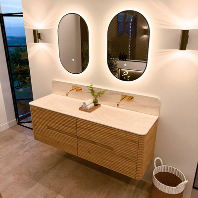Mondiaz CIRO-DLUX Badkamermeubelset - 150x45x50cm - Solid surface wastafel Meli - 2 wasbak Dubbel - zonder kraangaten - 4 lades - Oak
