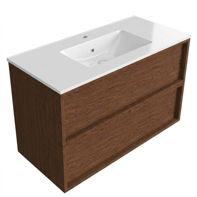 Saniclass Holz Frame Ensemble de meubles de salle de bains - 100x45x62cm - Vygo lavabo en céramique blanc - 1 vasque - 1 trou de robinetterie - 2 tiroirs - walnut pure mat (bois)