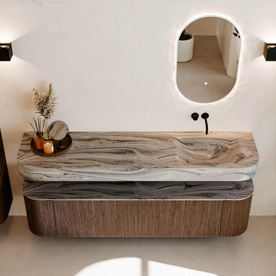 MONDIAZ THOR-DLUX 180cm badmeubel ronding links + rechts kleur Walnut met 2 lades en 2 deuren. Vrijhangende wastafel CLOUD Rechts zonder kraangat kleur Sombra.