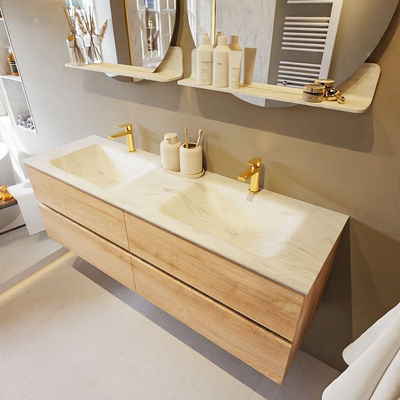 MONDIAZ VICA-DLUX Ensemble meuble de salle de bains - 150cm - meuble bas Washed oak - 4 tiroirs - lavabo encastré cloud double - 2 trous de robinet - version hauteur 60cm - opalo