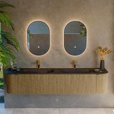 Mondiaz KURVE Ensemble de meuble de salle de bains - 200x46x40cm - 2 tiroirs - 2 portes - vasque solid surface - double - 2 trous de robinet - Dusk