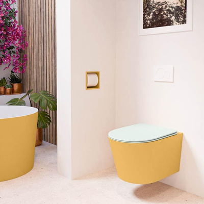 Mondiaz LAVIE hangtoilet – spoelrandloos – 36 x 53 cm – met softclose zitting – Ocher (geel), zitting Greey (lichtgroen/grijs)