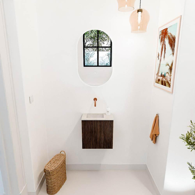 Mondiaz JOYA-DLUX 40cm toiletmeubel - kleur Walnut - Wastafel FAYE positie Links Zonder kraangat kleur Ostra.