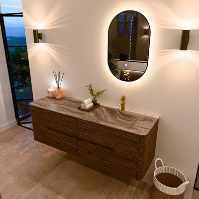 Mondiaz CIRO-DLUX Badkamermeubelset - 150x45x50cm - Solid surface wastafel Sombra - 1 wasbak Rechts - 1 kraangat - 4 lades - Dusk