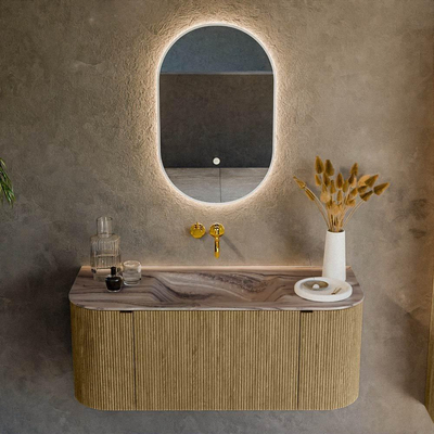 MONDIAZ KURVE-DLUX Meuble de salle de bains 110cm arrondi Gauche + Droite couleur Dusk avec 1 tiroir et 2 portes. Plan-vasque CLOUD central sans trou de robinetterie Sombra.