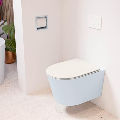Mondiaz LAVIE hangtoilet – spoelrandloos – 36 x 53 cm – met softclose zitting – Clay (lichtblauw/grijs), zitting Linen (offwhite)