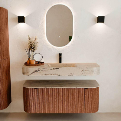 MONDIAZ THOR-DLUX 120cm meuble de salle de bains arrondi gauche + droite couleur Ruby avec 1 tiroir et 2 portes. Vasque suspendue CLOUD Milieu 1 trou de robinet couleur Arena.