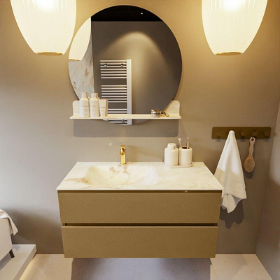 Mondiaz VICA-DLUX Ensemble de meuble de salle de bain - 100cm - meuble sous-vasque oro - 2 tiroirs - lavabo encastré cloud gauche - 1 trou de robinet - version haute de 60cm - frape