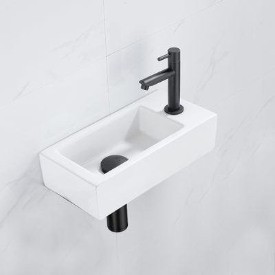 QeramiQ Fuente Kit lave-mains - 37.5x18.5x9cm - céramique - trou de robinet à droite - robinet lave-mains noir mat - bonde de vidage - siphon abaissé - Blanc mat