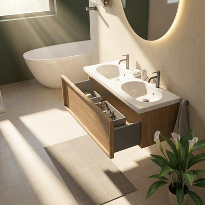 Saniclass Holz Frame Ensemble de meubles de salle de bains - 120x45x43.5cm - lavabo en céramique Palermo blanc - 2 vasques - 2 trous de robinetterie - 1 tiroir - chêne natural mat (bois)