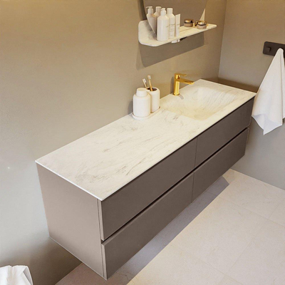 Mondiaz VICA-DLUX ensemble de meuble de salle de bain - 150cm - meuble sous-vasque fumée - 4 tiroirs - lavabo encastré nuage droite - 1 trou de robinet - version haute 60cm - opalo