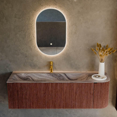 MONDIAZ KURVE-DLUX 145cm meuble de salle de bains arrondi Droite couleur Ruby avec 1 tiroir et 1 porte. Lavabo BIG LARGE Gauche 1 trou de robinet Sombra.