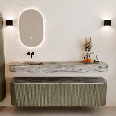 MONDIAZ THOR-DLUX 170cm meuble de salle de bains arrondi gauche + droite couleur Shadow avec 1 tiroir et 2 portes. Vasque suspendue CLOUD Gauche sans trou de robinet couleur Sombra.