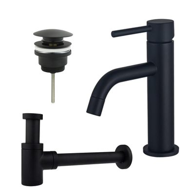 FugaFlow Eccelente Sobrado Slim Slim Kit mitigeur lavabo - robinet bas - bonde clic clac - siphon design bas - Noir mat