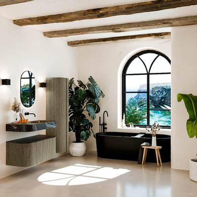 MONDIAZ THOR-DLUX 100cm meuble de salle de bains arrondi gauche + droite couleur Shadow avec 1 tiroir et 2 portes. Vasque suspendue CLOUD Droite sans trou de robinet couleur Lava.