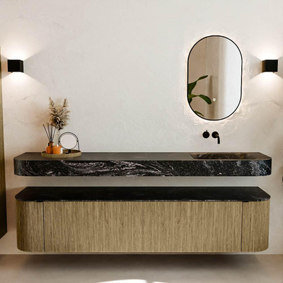 MONDIAZ THOR-DLUX Meuble de salle de bains - 200cm - arrondi gauche + droite - couleur Dusk - 2 tiroirs et 2 portes - Vasque suspendue CLOUD droite sans trou de robinet - couleur Lava