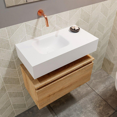 MONDIAZ ANDOR Meuble de toilettes - 60x30x30cm - 0 trous de robinet - 1 tiroirs - chêne blanchi mat - vasque à gauche - Solid surface - Blanc