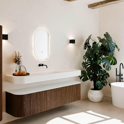 MONDIAZ THOR 180cm meuble de salle de bains arrondi gauche + droite couleur Walnut avec 2 tiroirs et 2 portes. Vasque suspendue CLOUD Milieu sans trou de robinet couleur Talc.