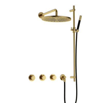 Hotbath Cobber IBS70 Regendoucheset - inbouw - 38.5cm wandarm - 30cm ronde hoofddouche - staafhanddouche - glijstang - PVD - geborsteld messing (goud)