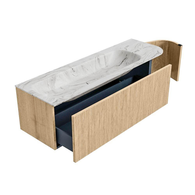 MONDIAZ KURVE-DLUX meuble de salle de bains 145cm avec module 25 R couleur Oak avec 1 tiroir et 1 porte. Lavabo BIG LARGE à gauche 2 trous de robinet couleur Glace.