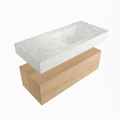 Mondiaz ALAN-DLUX Ensemble de meuble - 100cm - meuble Washed Oak mat - 1 tiroir - Lavabo Cloud Opalo suspendu - vasque Droite - 0 trous de robinet