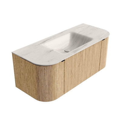 MONDIAZ KURVE-DLUX Meuble de salle de bains 110cm arrondi Gauche + Droite couleur Chêne avec 1 tiroir et 2 portes. Lavabo CLOUD Central sans trou de robinet Meli.