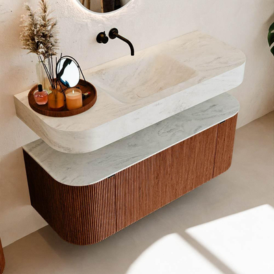 MONDIAZ THOR-DLUX 120cm meuble de salle de bains arrondi gauche + droite couleur Ruby avec 1 tiroir et 2 portes. Vasque suspendue CLOUD Milieu sans trou de robinet couleur Opalo.